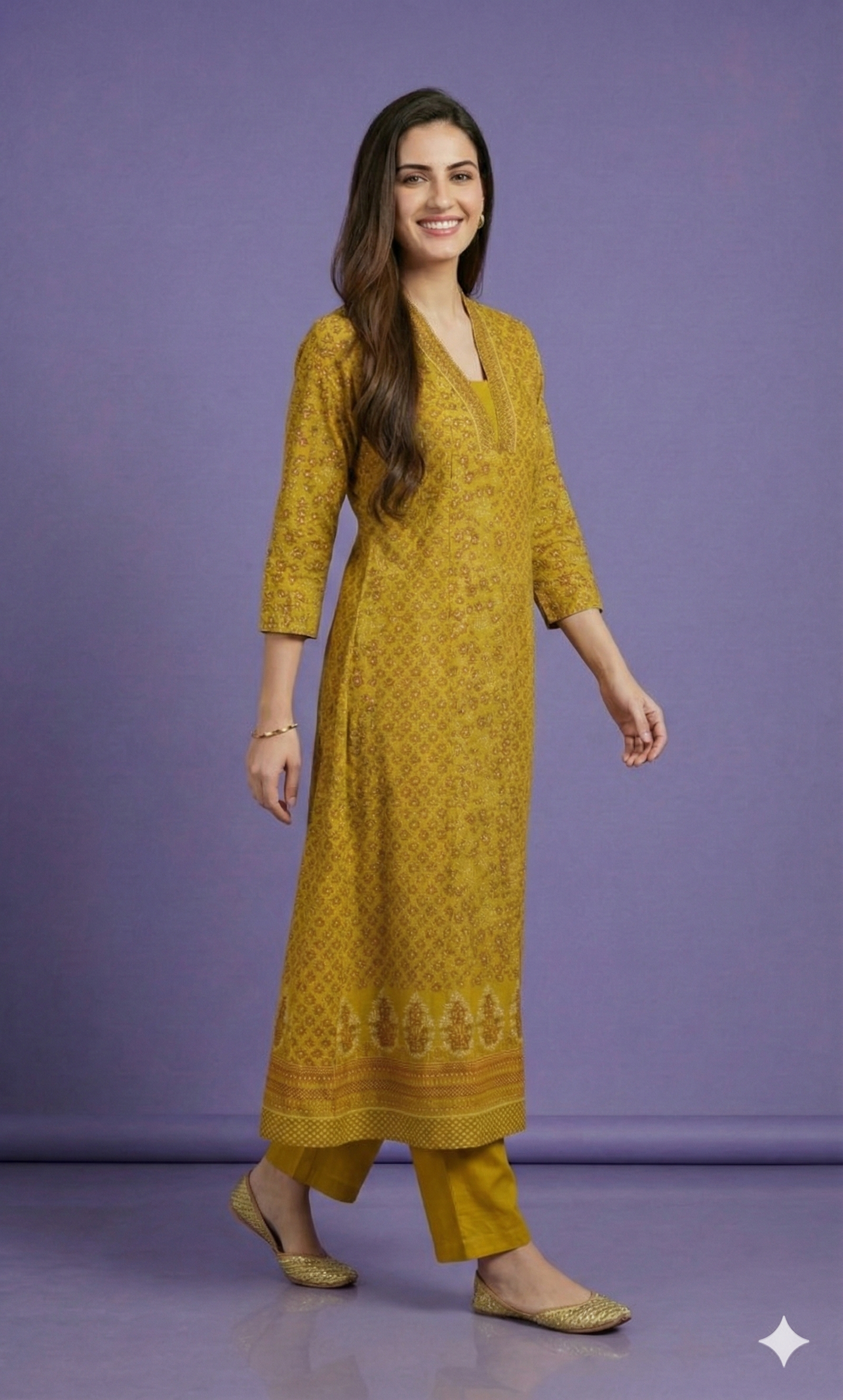 Yellow Deep-V Cotton Kurta Set with Dupatta