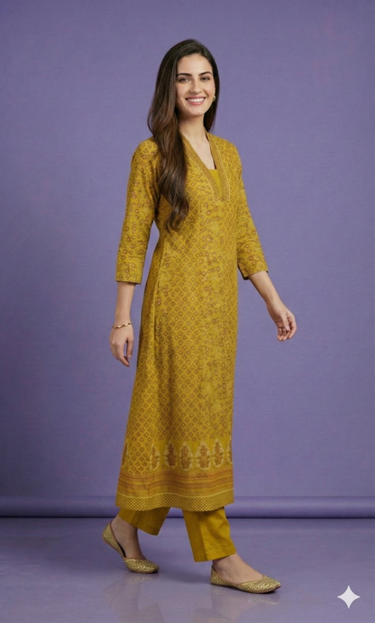Yellow Deep-V Cotton Kurta Set with Dupatta