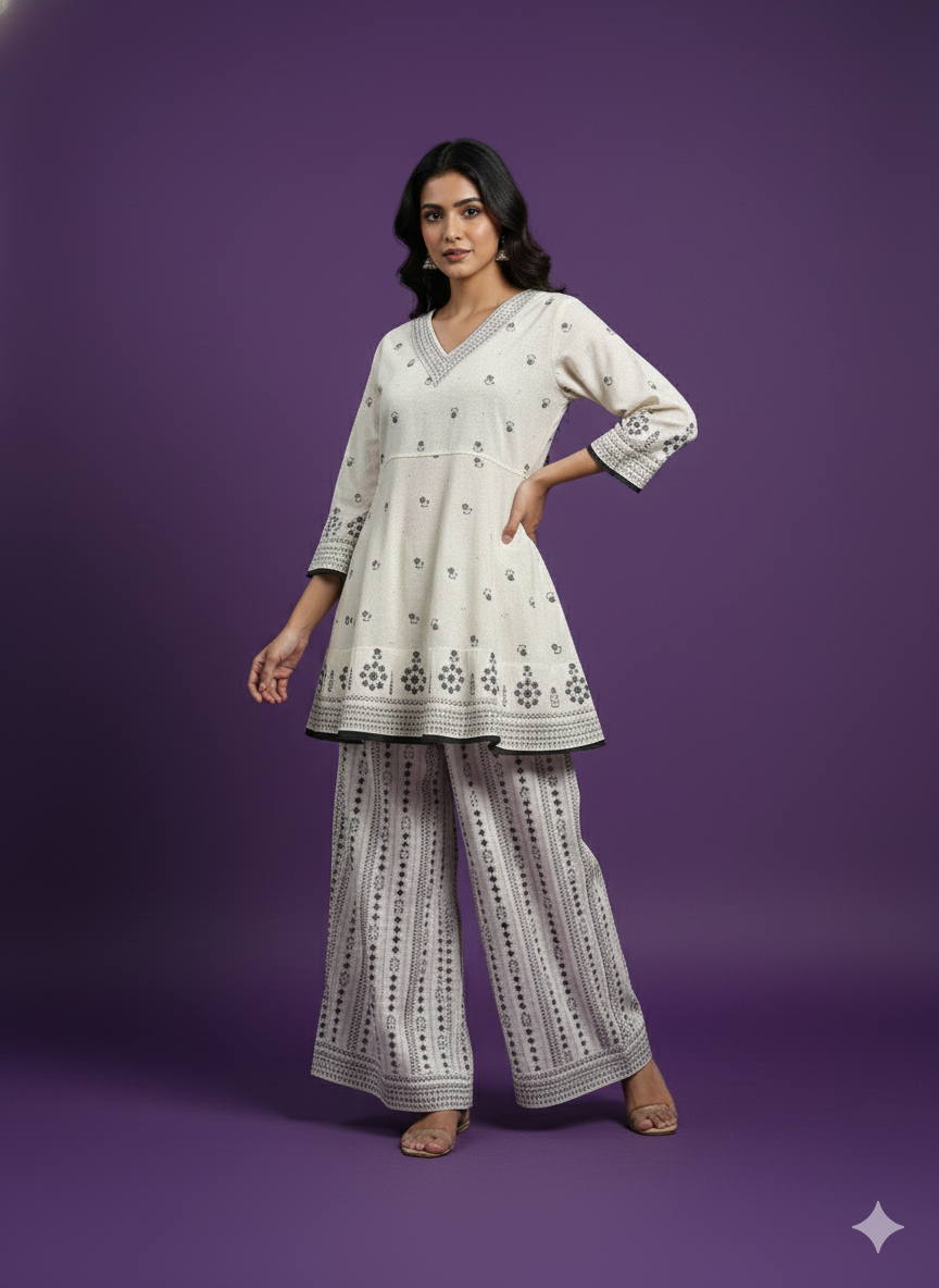 Ivory V Neck Cotton Cord Set