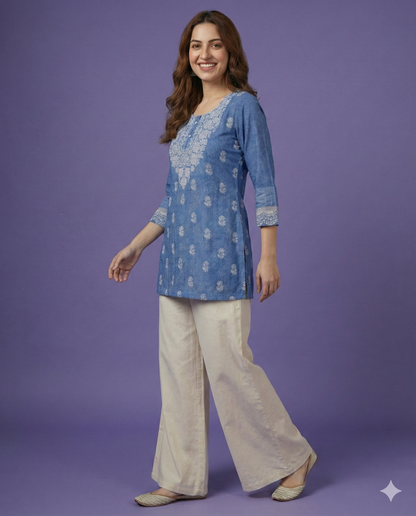 Blue Round Neck Cotton Short Kurta