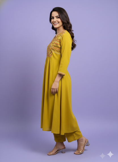 Green V Neck Cotton Kurta