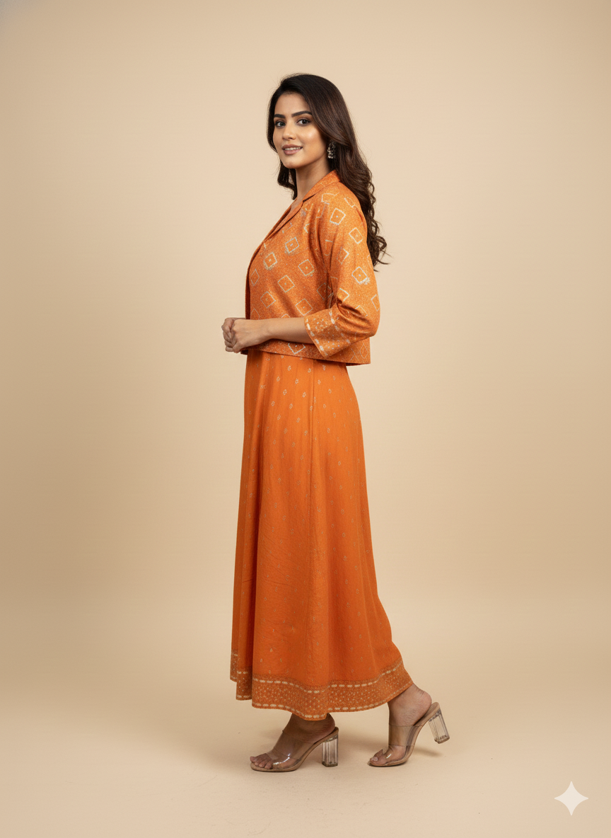 Orange Notched Neck Rayon Spagati Kurta  With Crop Jacket