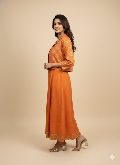 Orange Notched Neck Rayon Spagati Kurta  With Crop Jacket