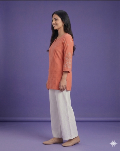 Orange Round V Neck Cotton Short Kurta