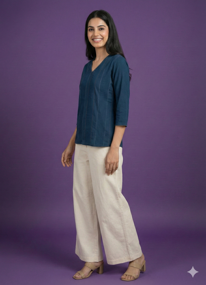 Blue V Neck Cotton Short Kurta