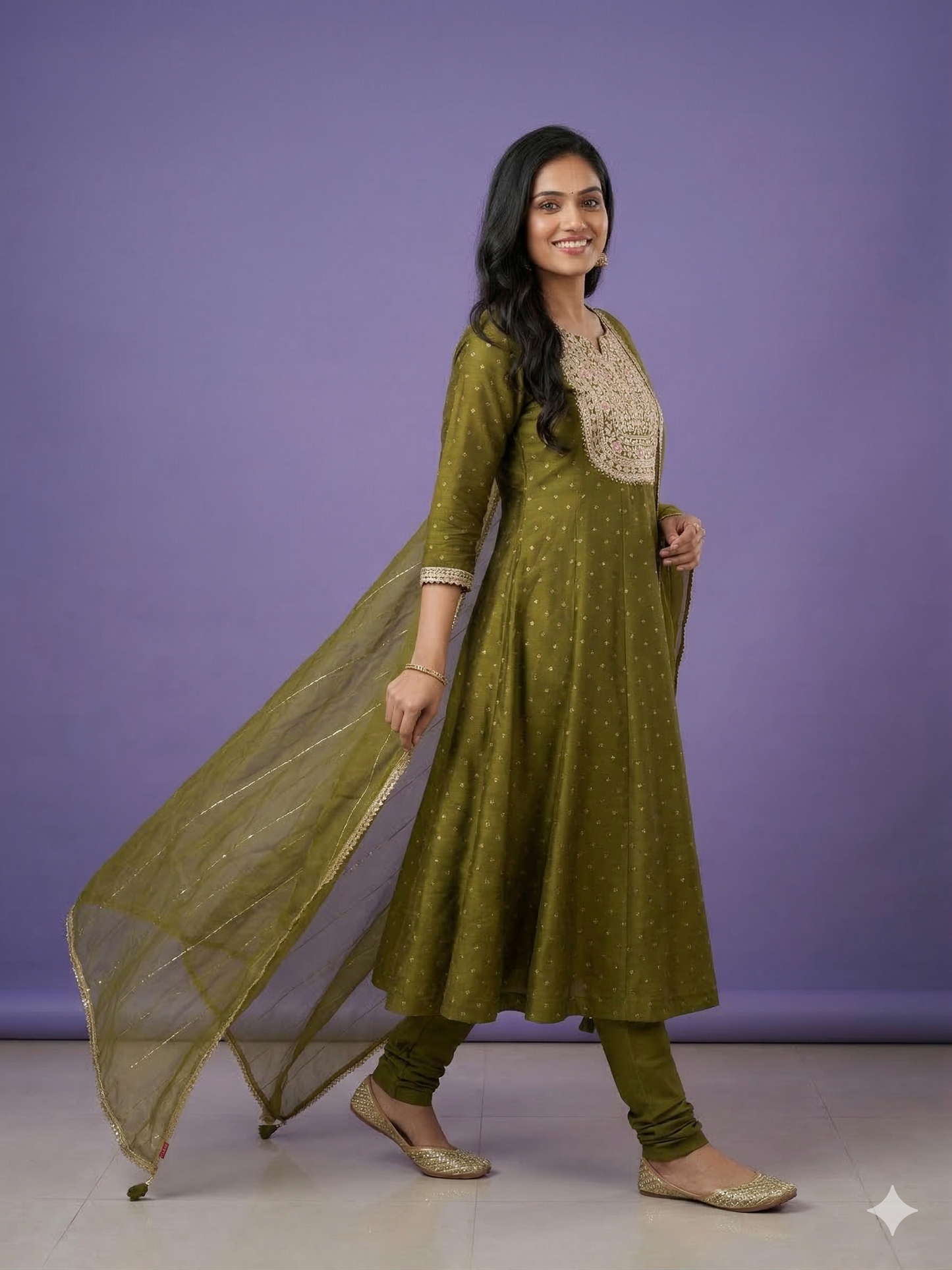 Green Round V Neck Silk Kurta