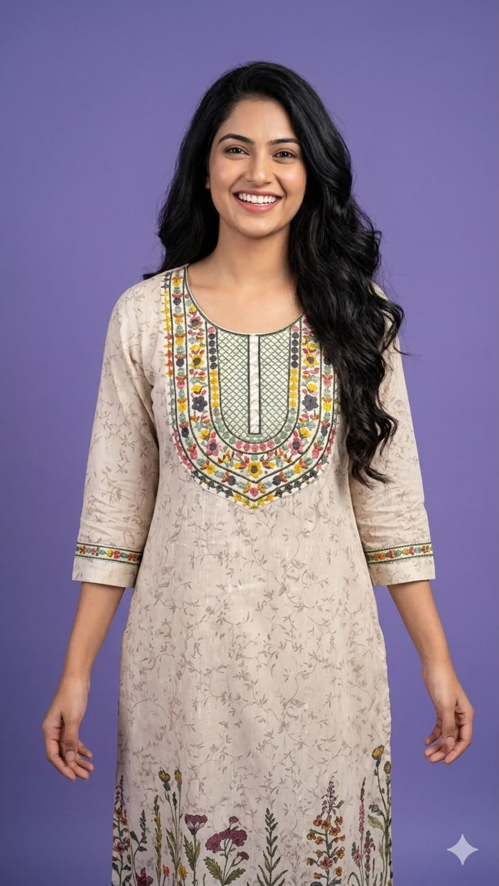 Ivory Round Neck Cotton Kurta Set with Dupatta