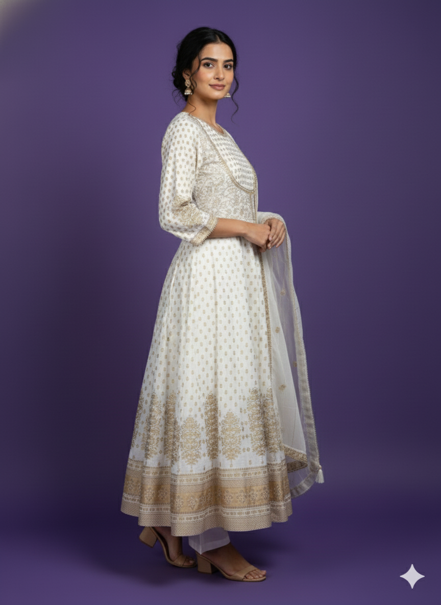 White Round Neck Silk Kurta Set with Dupatta