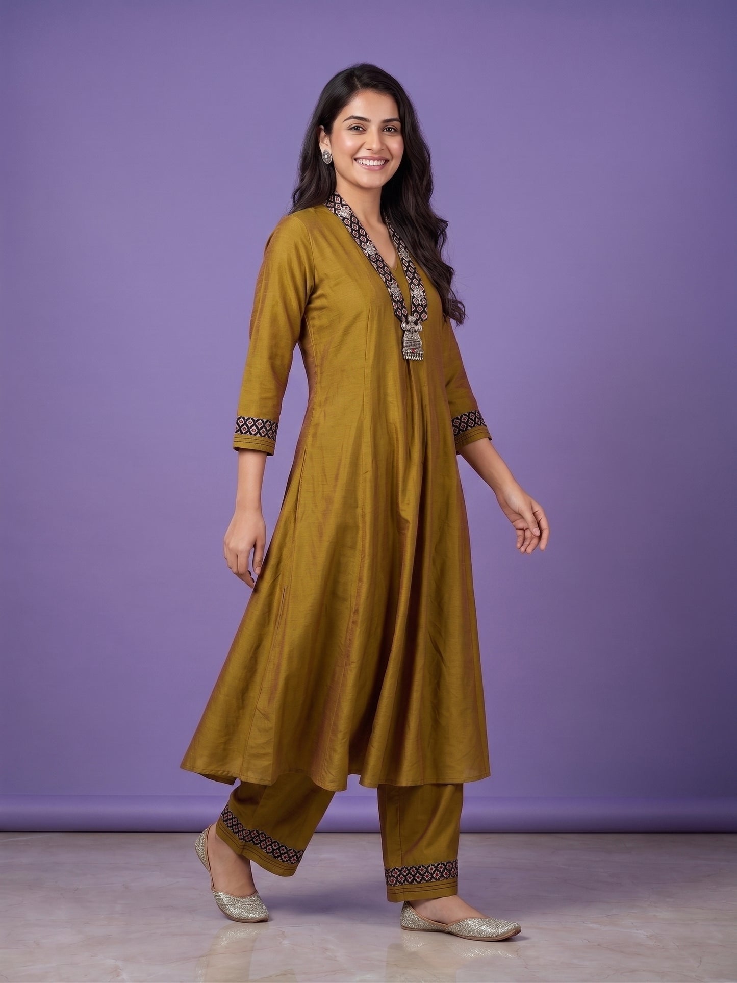 Green V Neck Silk Cord Set