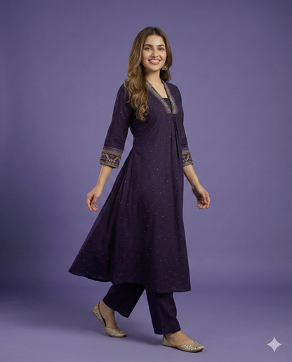 Purple Deep-V Cotton Kurta