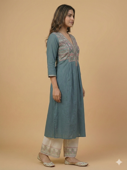 Blue V Neck Cotton Kurta