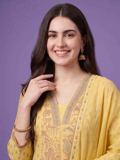 Yellow Deep V Neck Cotton Kurta Set with Dupatta