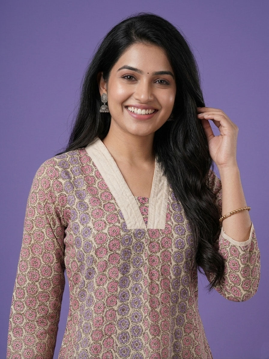 Pink V Neck Cotton Linen Gown
