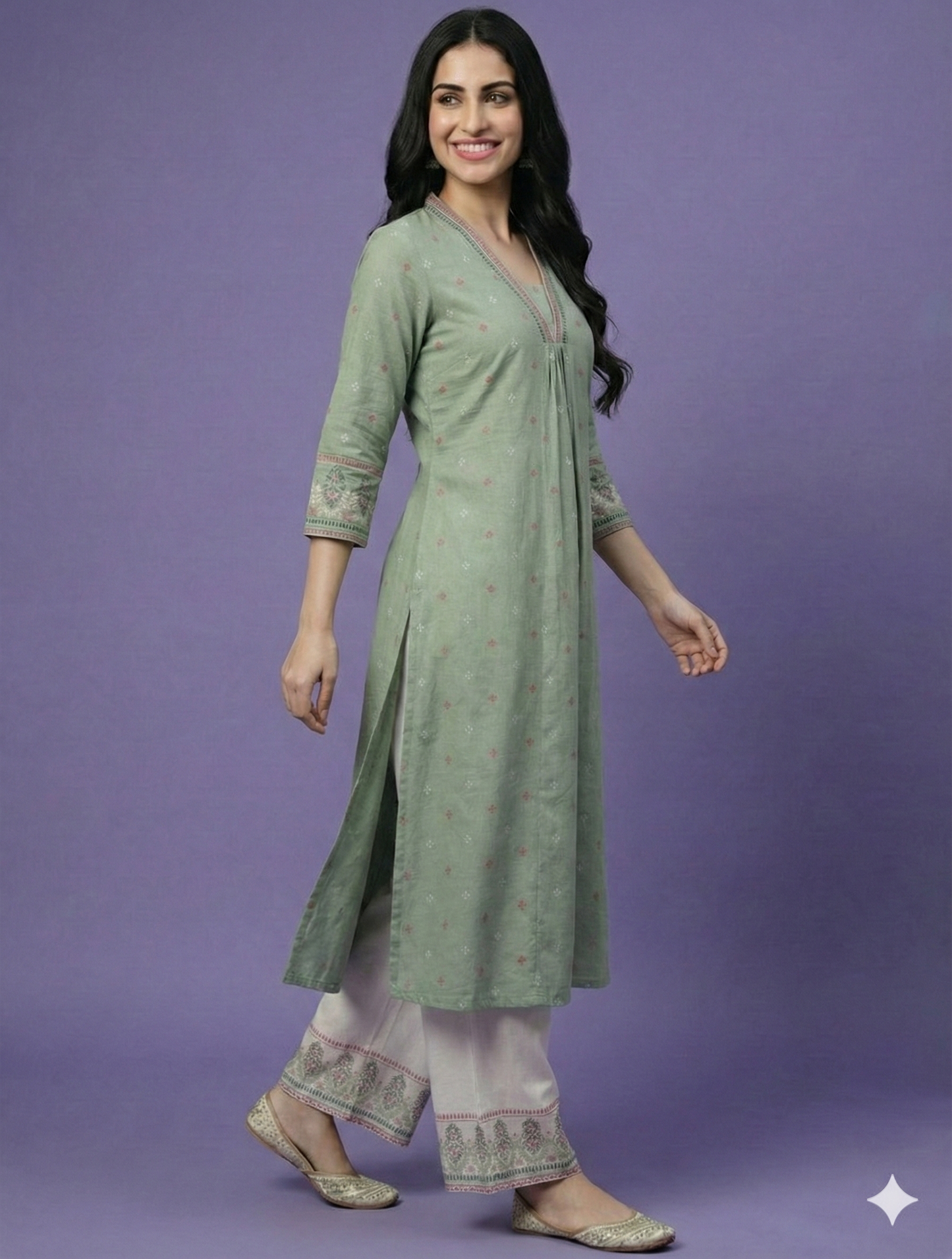 Green V Neck Cotton Kurta