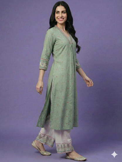 Green V Neck Cotton Kurta