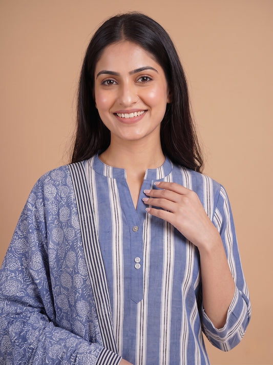 Woven Striped Suit Set with Pant & Kota Dupatta - Cotton