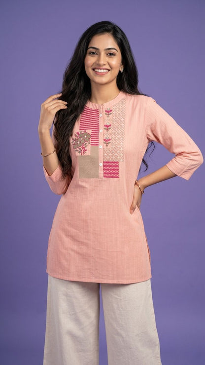 Pink Mandarin Neck Cotton Short Kurta