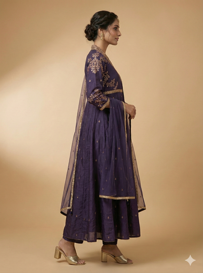Purple Deep V Neck Viscose Kurta Set with Dupatta