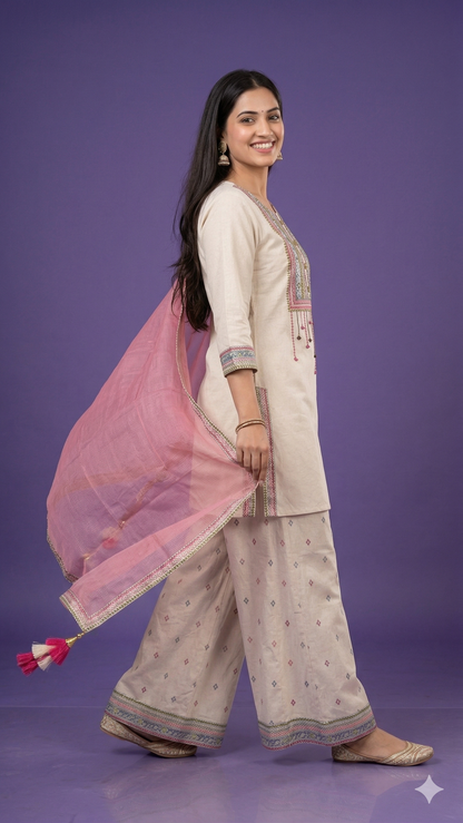 Ivory Round Neck Cotton Kurta Set with Dupatta