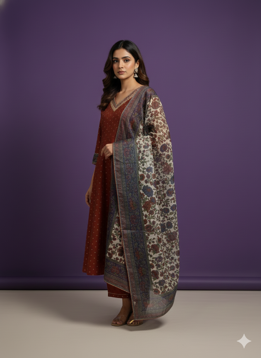 Brown V-Neck Silk Kali Kurta Set with Dupatta