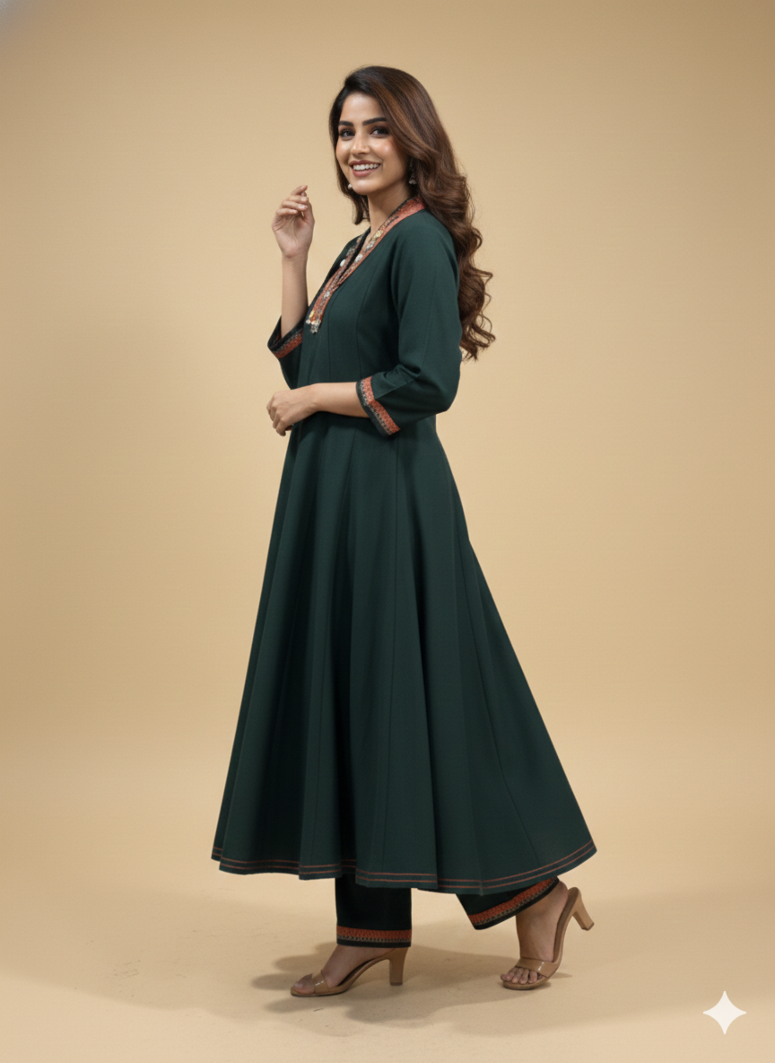 Green V Neck Silk Kurta Set