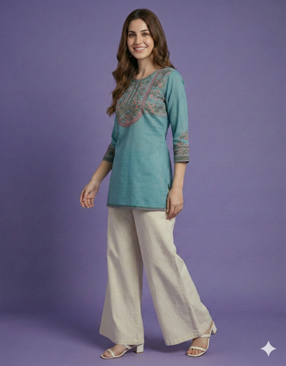 Blue Round Neck Short Kurta