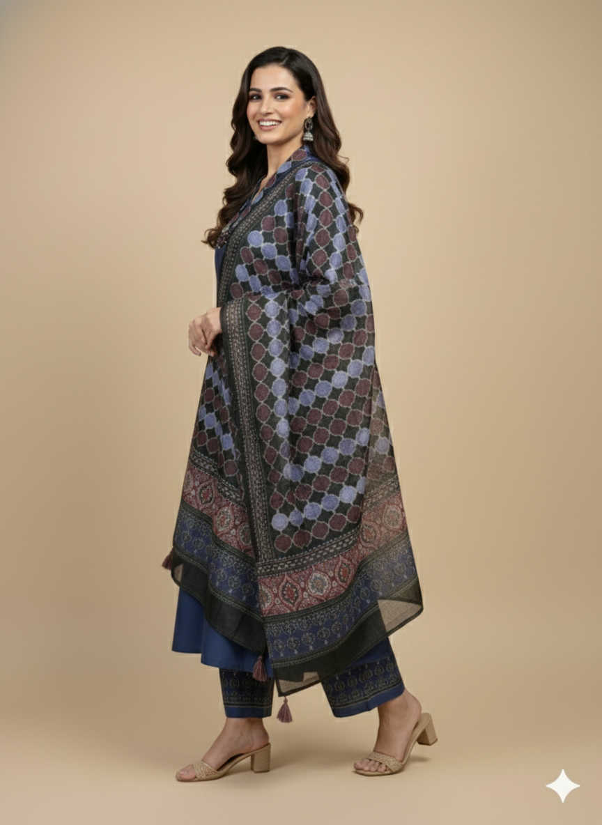 Purple V Neck Silk Kurta Set with Dupatta