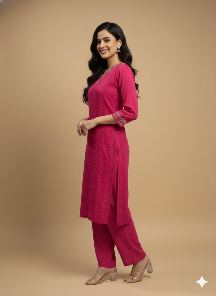 Pink V Neck Cotton Kurta