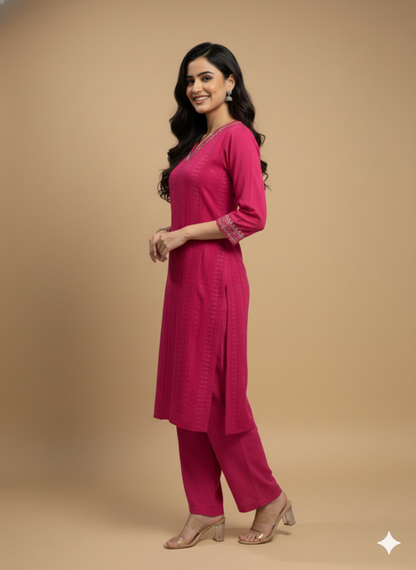Pink V Neck Cotton Kurta