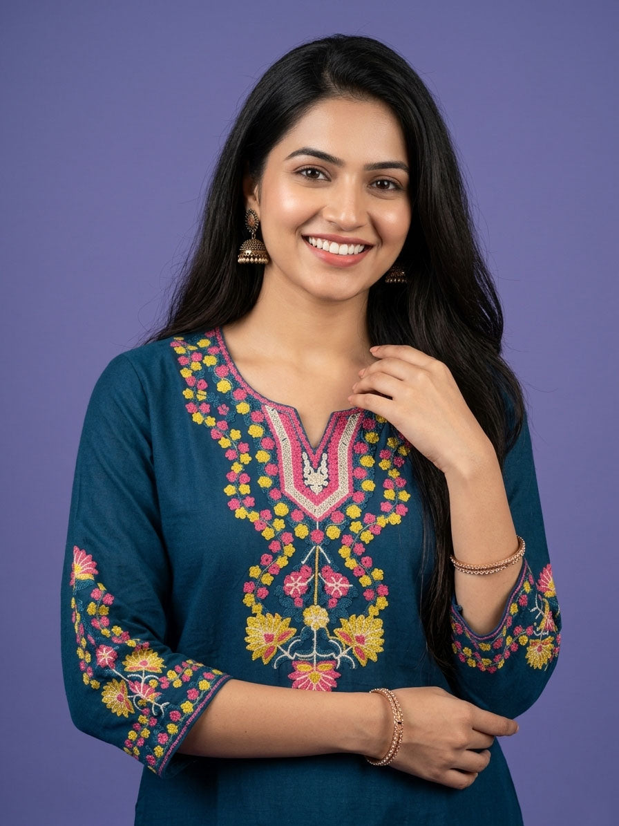 Blue Round V Neck Cotton Linen Kurta Set