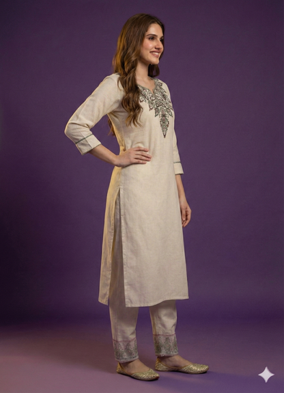 Ivory Round Neck Cotton Kurta