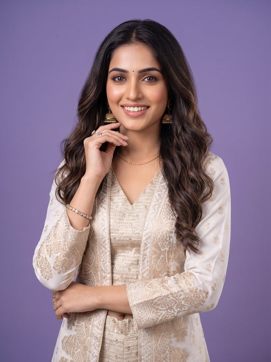Crop Top, Palazzo & Open Front Jacquard Jacket Set