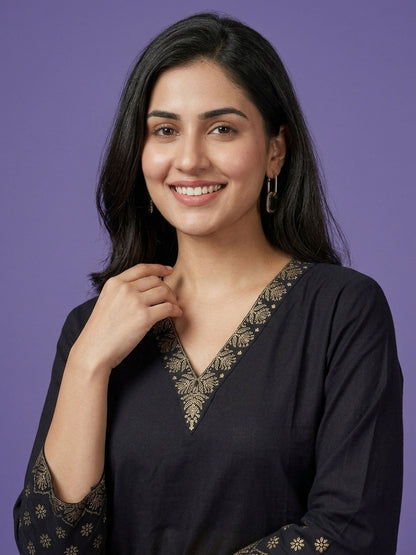 Black V Neck Cotton Cord Set