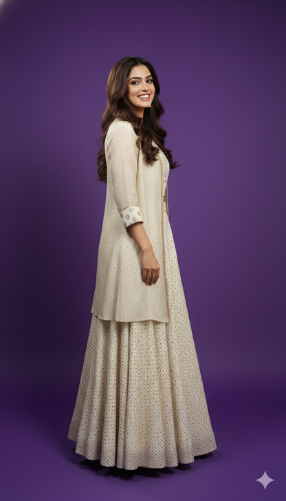 Ivory Round V Neck Silk 3PCS Set