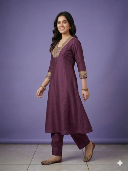 Purple Deep-V Silk Kurta