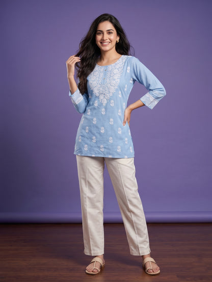 Blue V Neck Cotton Short Kurta