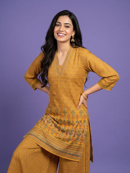 Yellow Deep V Neck Cotton Cord Set