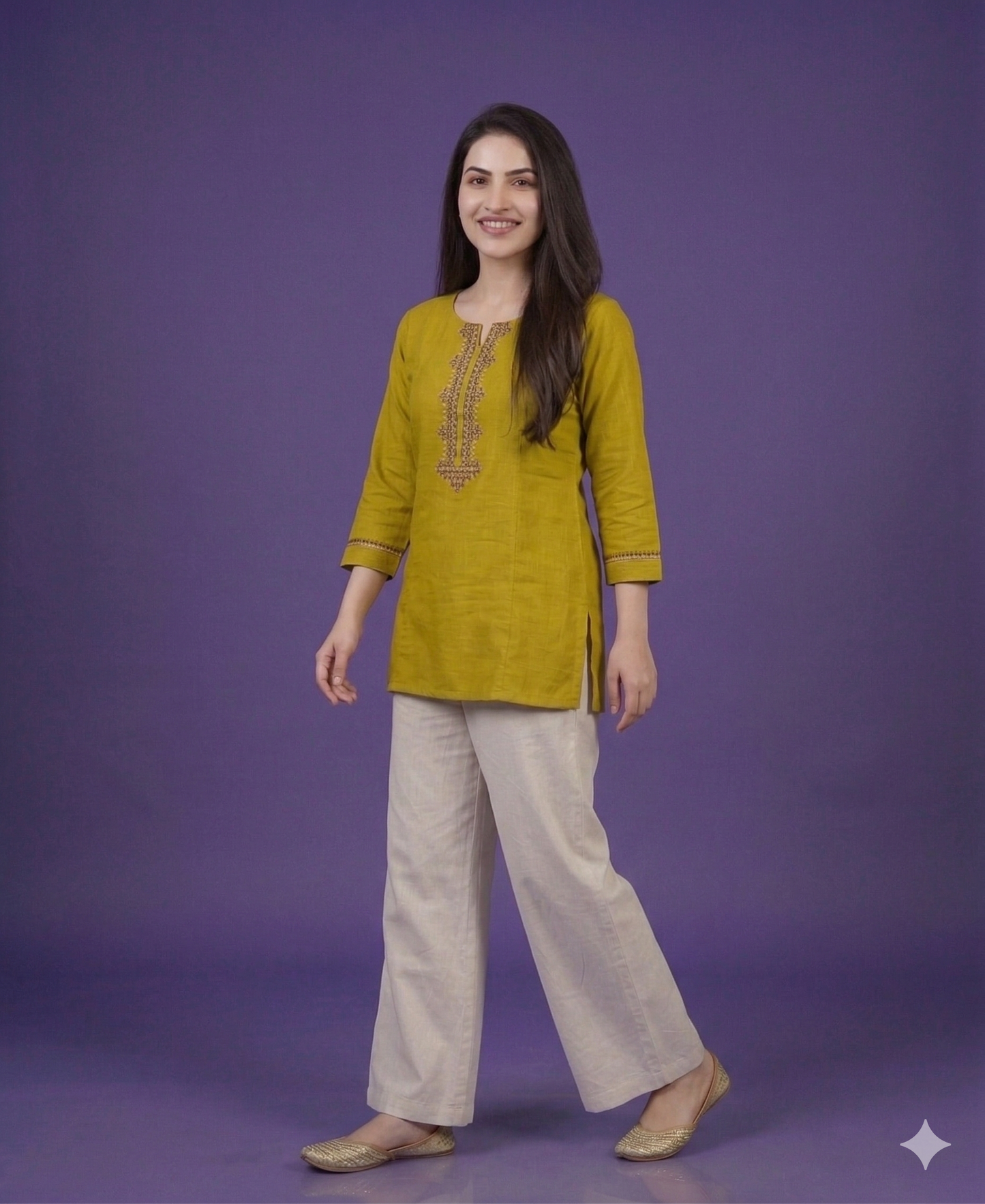 Green Round Neck Cotton Short Kurta