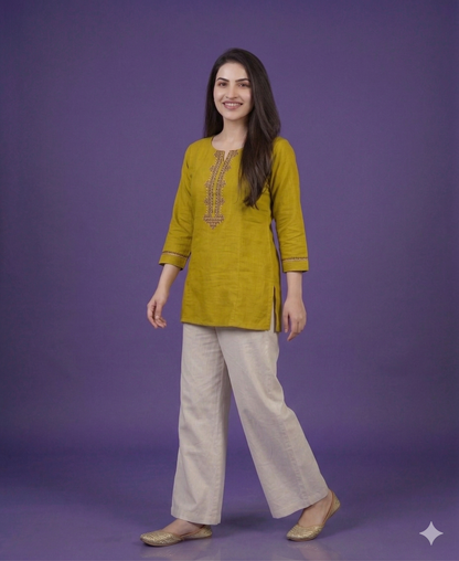 Green Round Neck Cotton Short Kurta