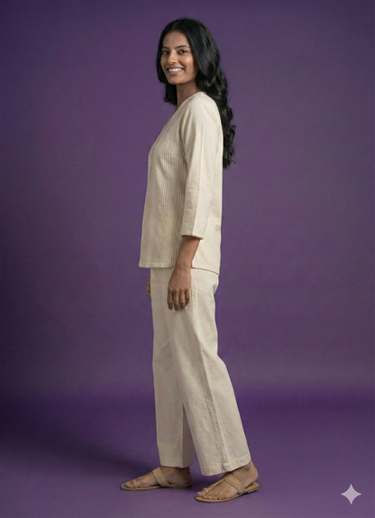 Ivory V Neck Cotton Short Kurta