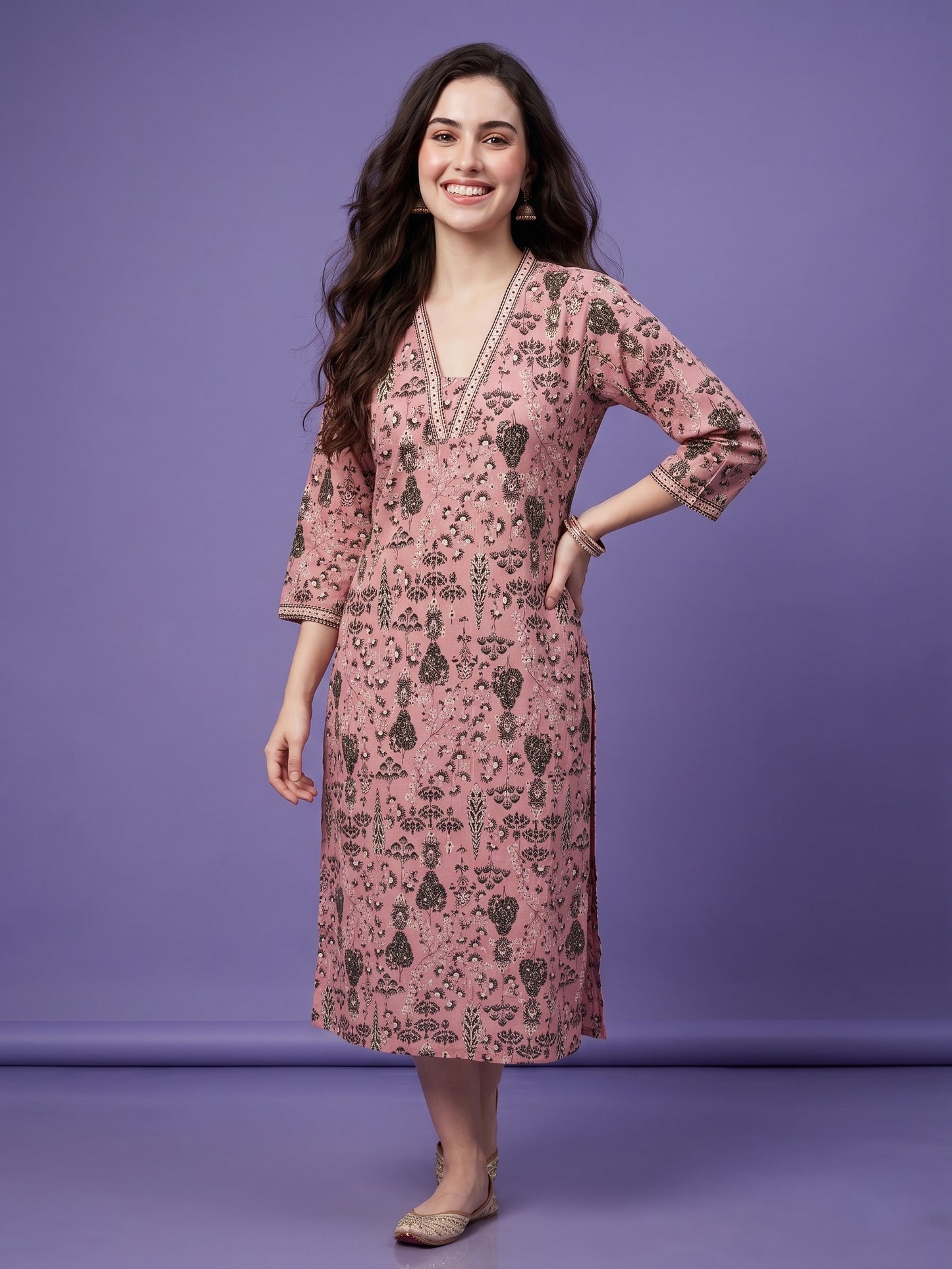 Pink V Neck Cotton Kurta
