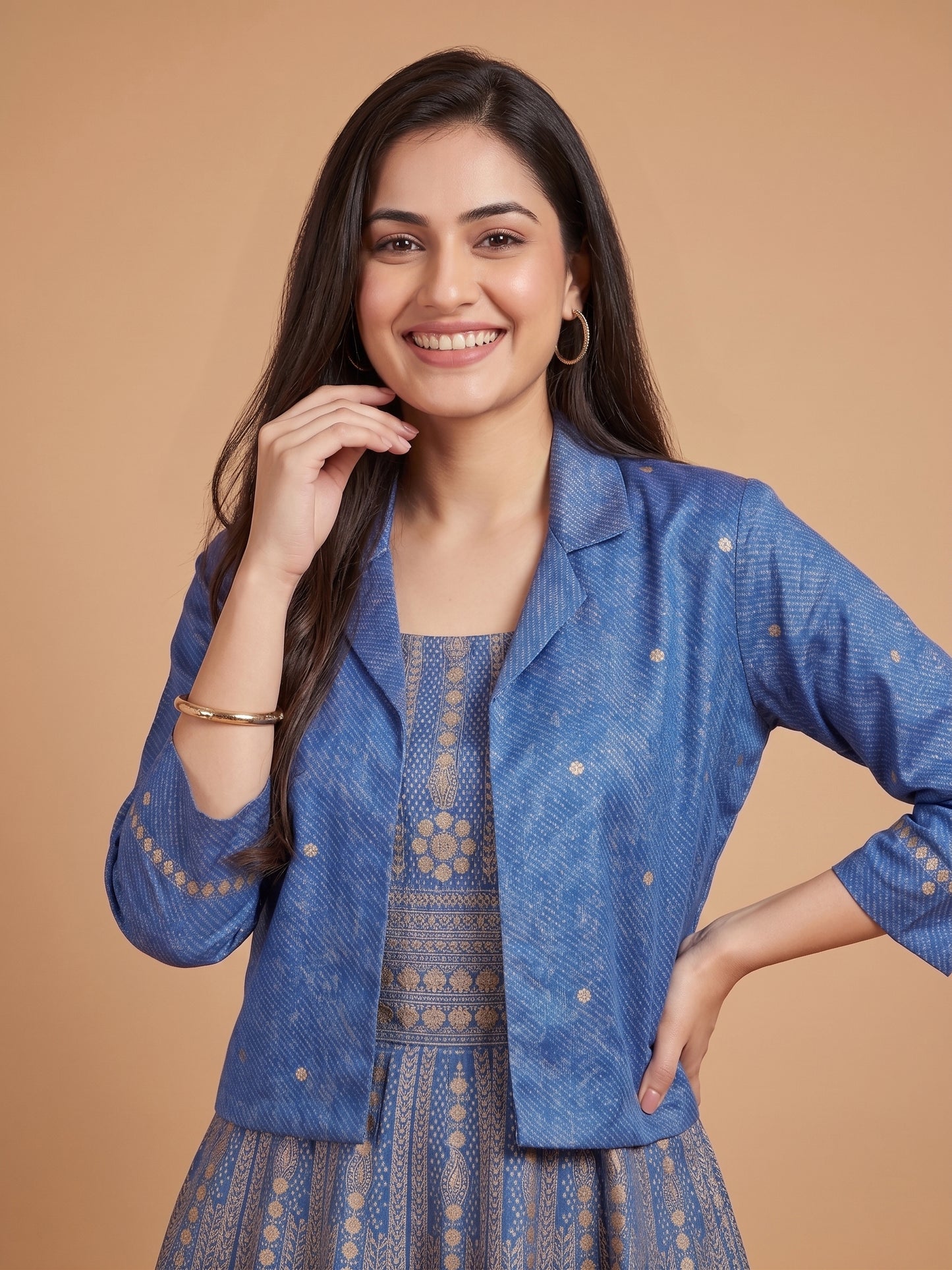 Denim Blue Notched Collar Cotton Gown With Crop Jacket
