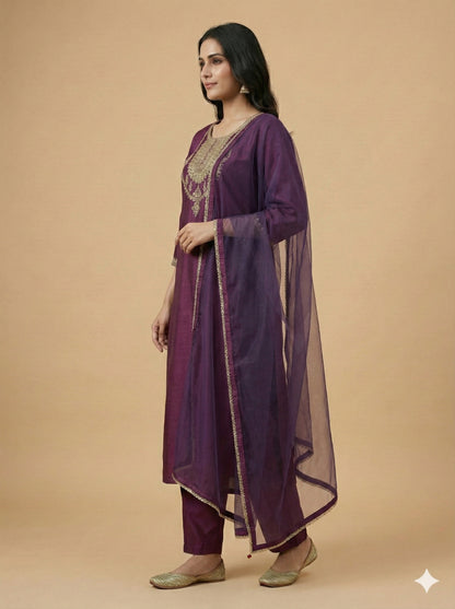 Purple Round Neck Silk Kurta Set with Dupatta