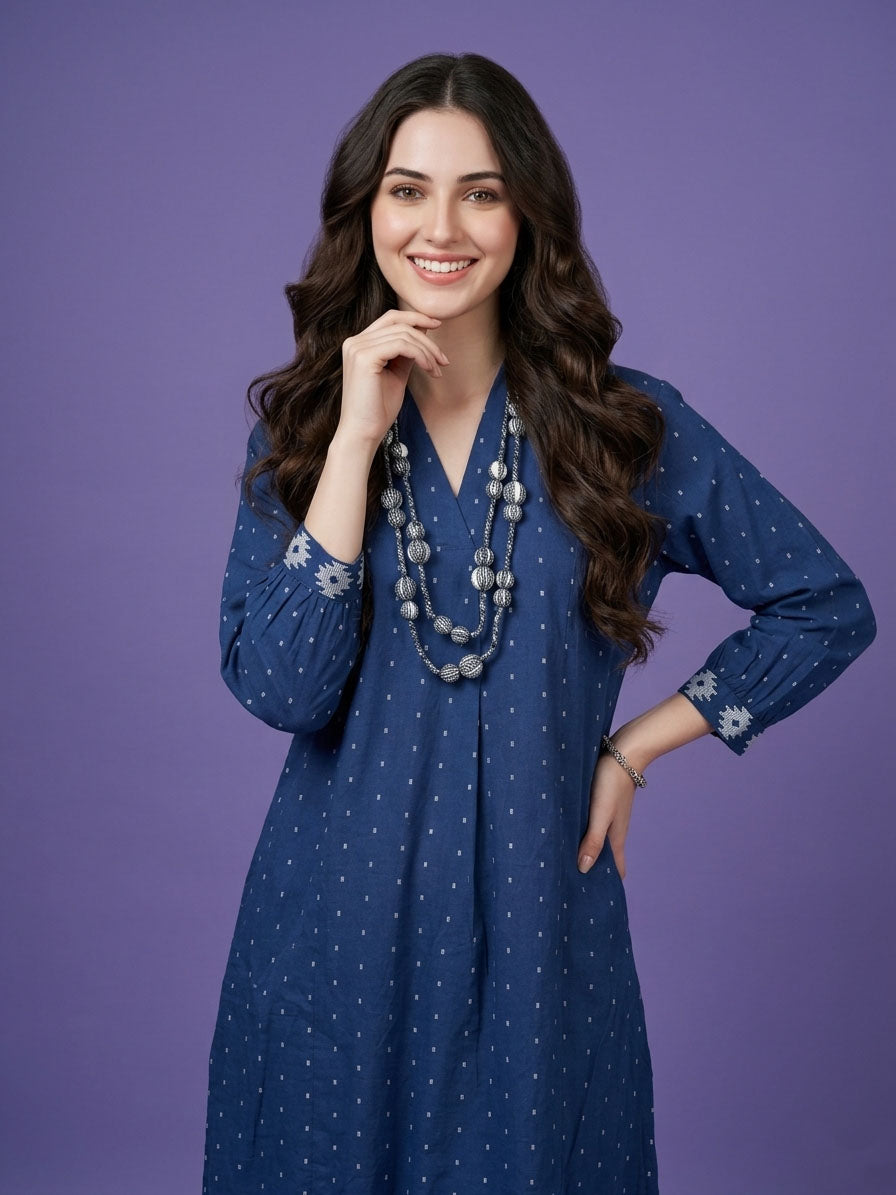 Blue High V Neck Cotton Kurta