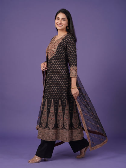 Black Round V-Neck Silk Kurta Set with Dupatta