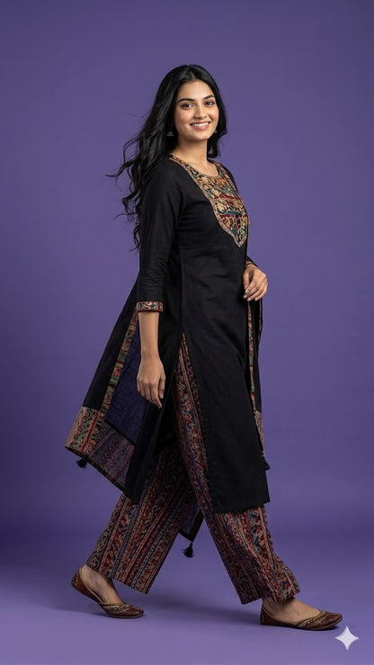 Black Round Neck Silk Kurta Set with Dupatta