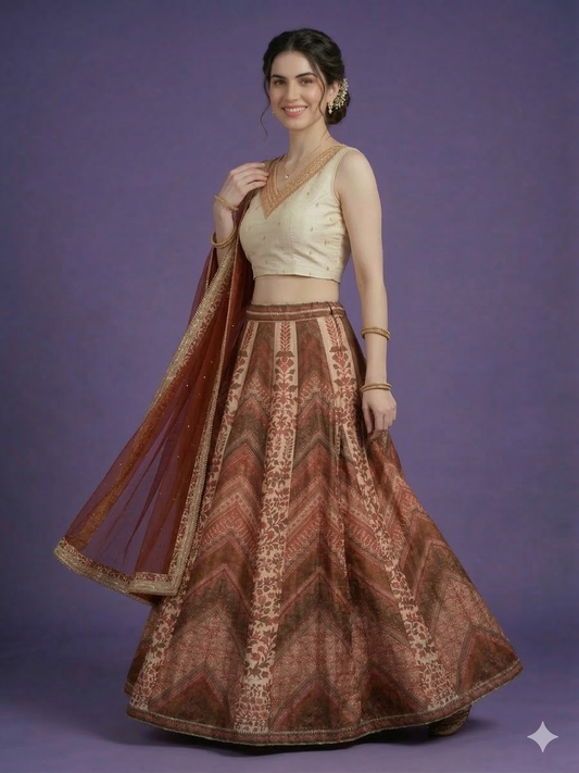 Shimmer Embroidered Crop Top, Printed Skirt & Embroidered Dupatta Set