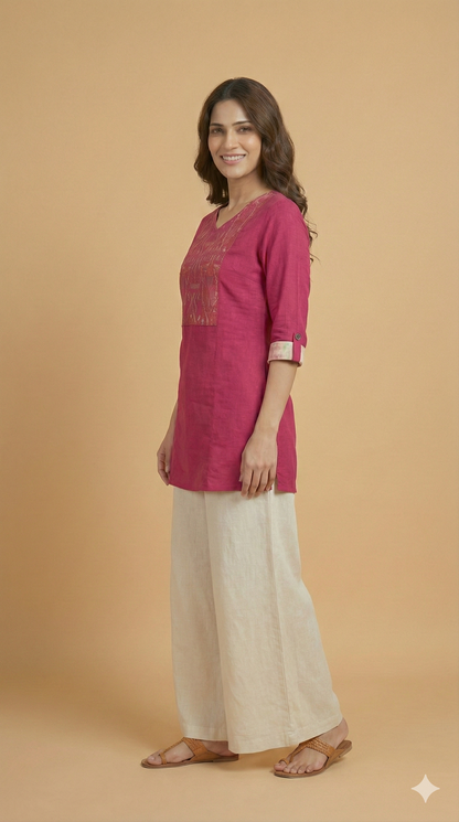 Pink Round V neck Cotton Short Kurta