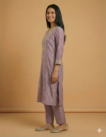 Pink Round V Neck Silk Cord Set