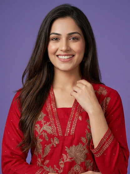 Red High V Neck Viscose Cord Set